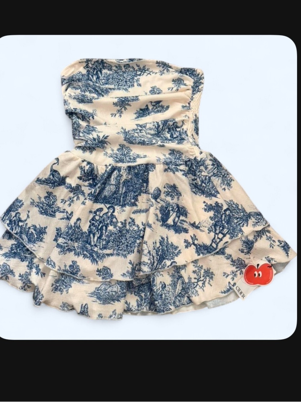 Cider Strapless Toile Mini Dress in Cream and Blue